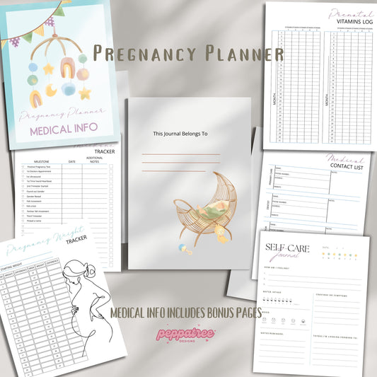 Printable Pregnancy Medical Info Planner | Pregnancy Journal Bundle for the Mom to Be, New and Expecting Parents Organizer, Print Your Own - PeppaTree Designs