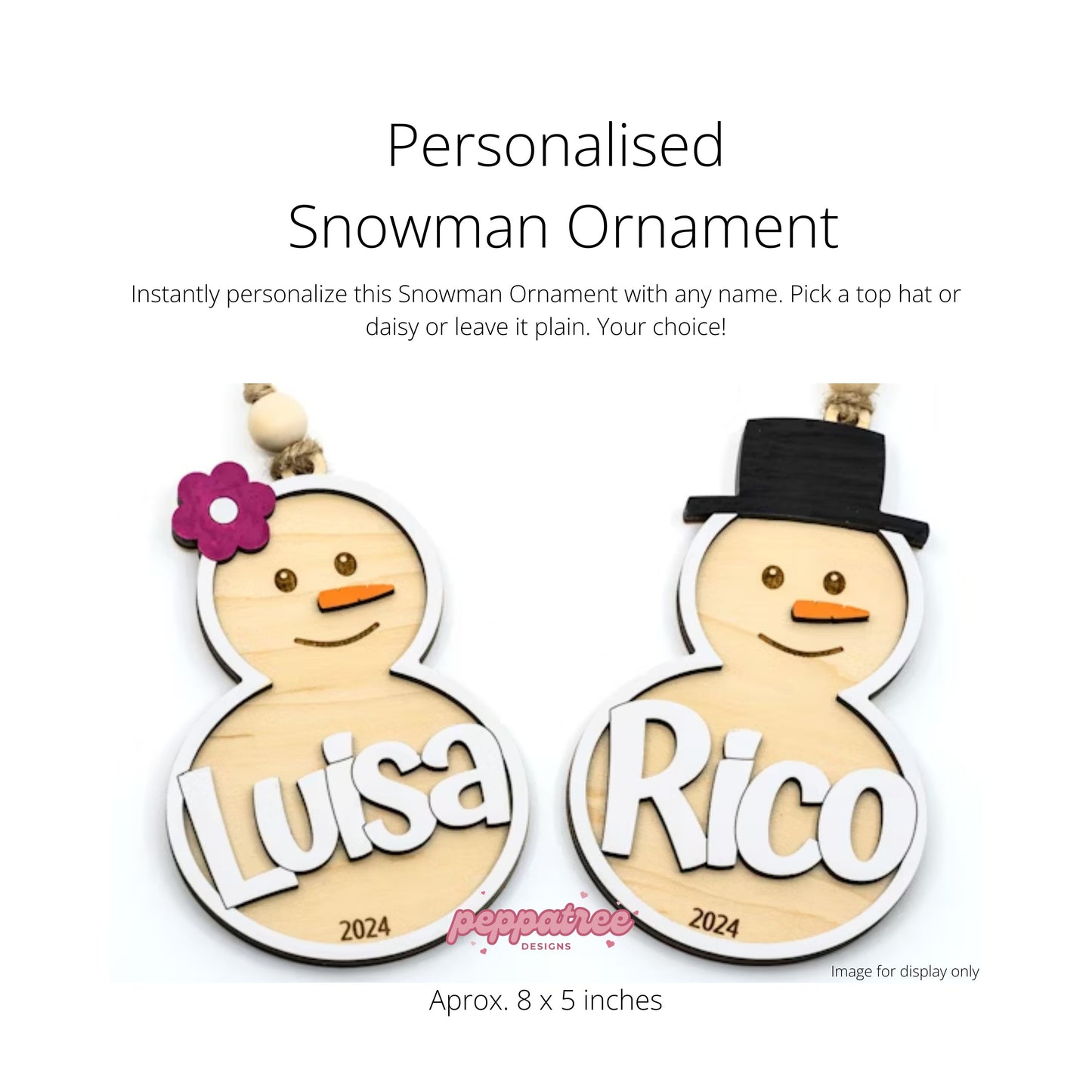 snowman ornaments with top hat and daisy flower personalised Christmas ornament - PeppaTree Designs