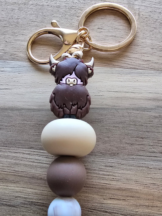 Highland Cow Keyring Silicone Bead - Brown and Brushed Gold Design | Handmade Keyring | 8 Colours