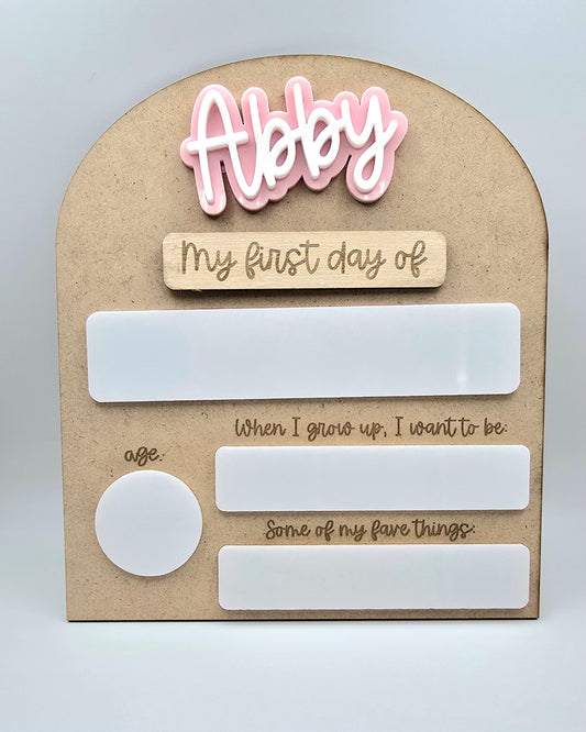 Decorative PeppaTree Designs First Day Board plaque with detailed artwork and colorful design for marking special occasions.