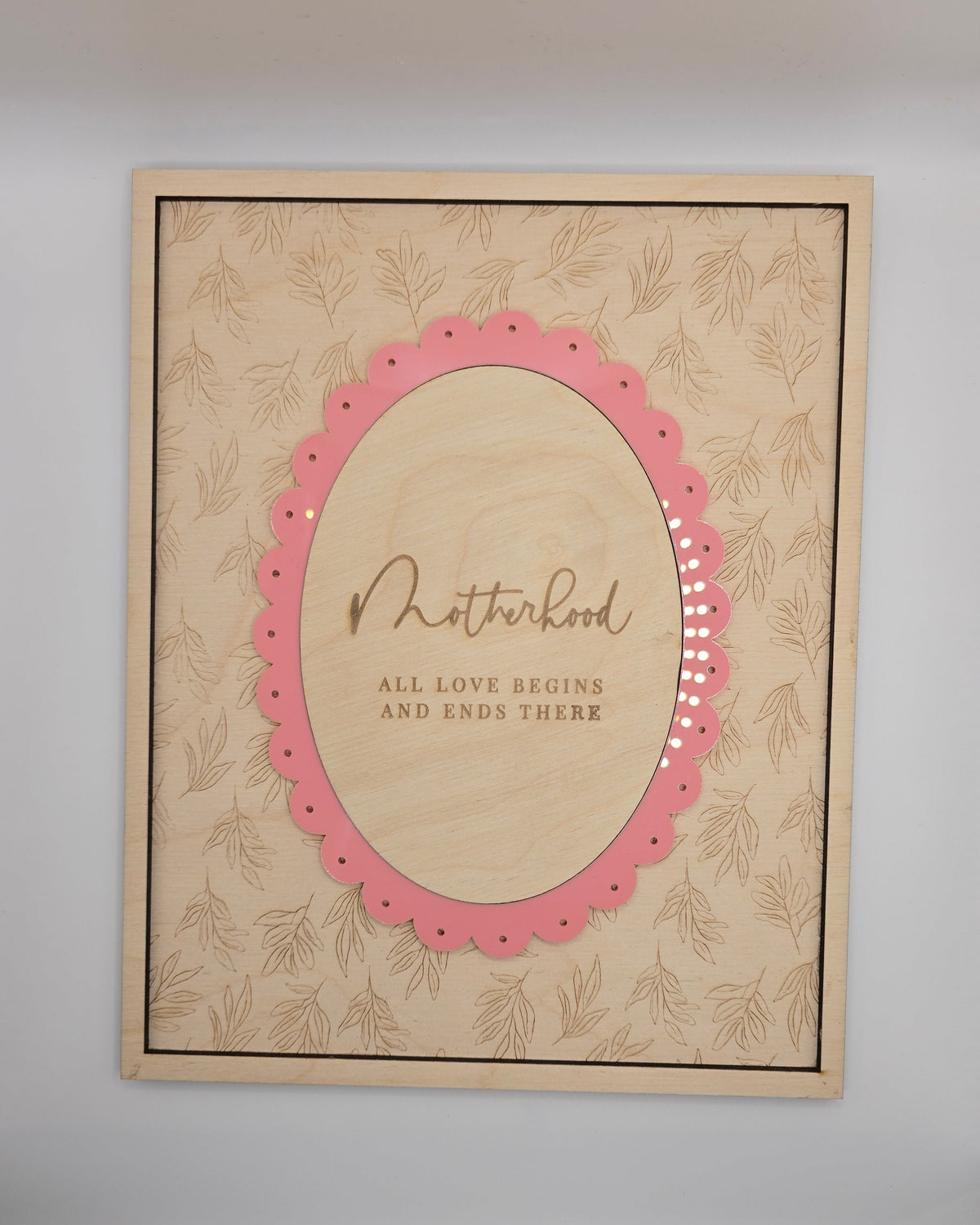 Motherhood wall decor plaque by PeppaTree Designs featuring elegant design for home or nursery decor.