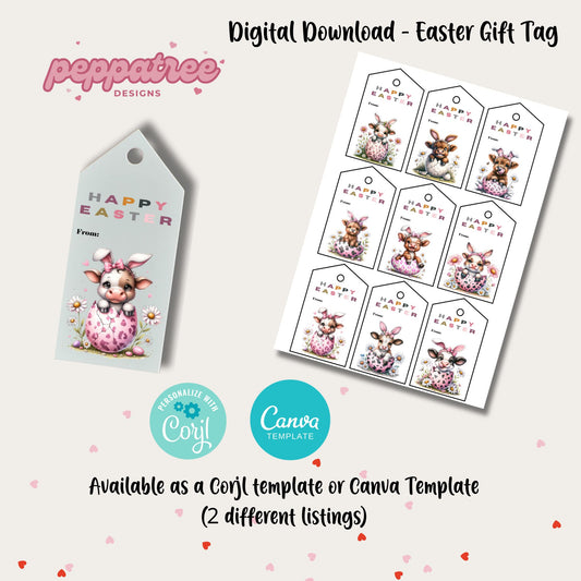 Easter Cow Gift Tags - Set of 9 Easter Tags - PeppaTree Designs