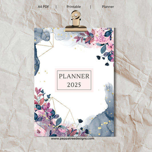 2025 Blue Watercolor and Pink Floral Printable A4 Journal Planner Sheets - PeppaTree Designs