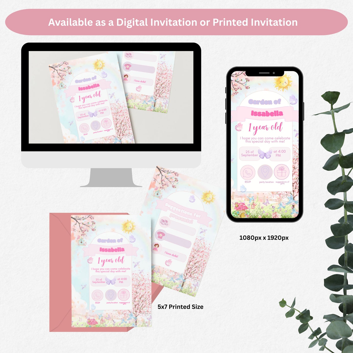 Editable digital garden birthday party invitation by PeppaTree Designs, featuring colorful floral and garden-themed artwork.
