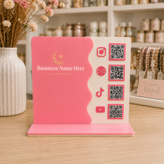 PeppaTree Designs 4 QR code square reader business card holder with printed QR codes and sleek black design.