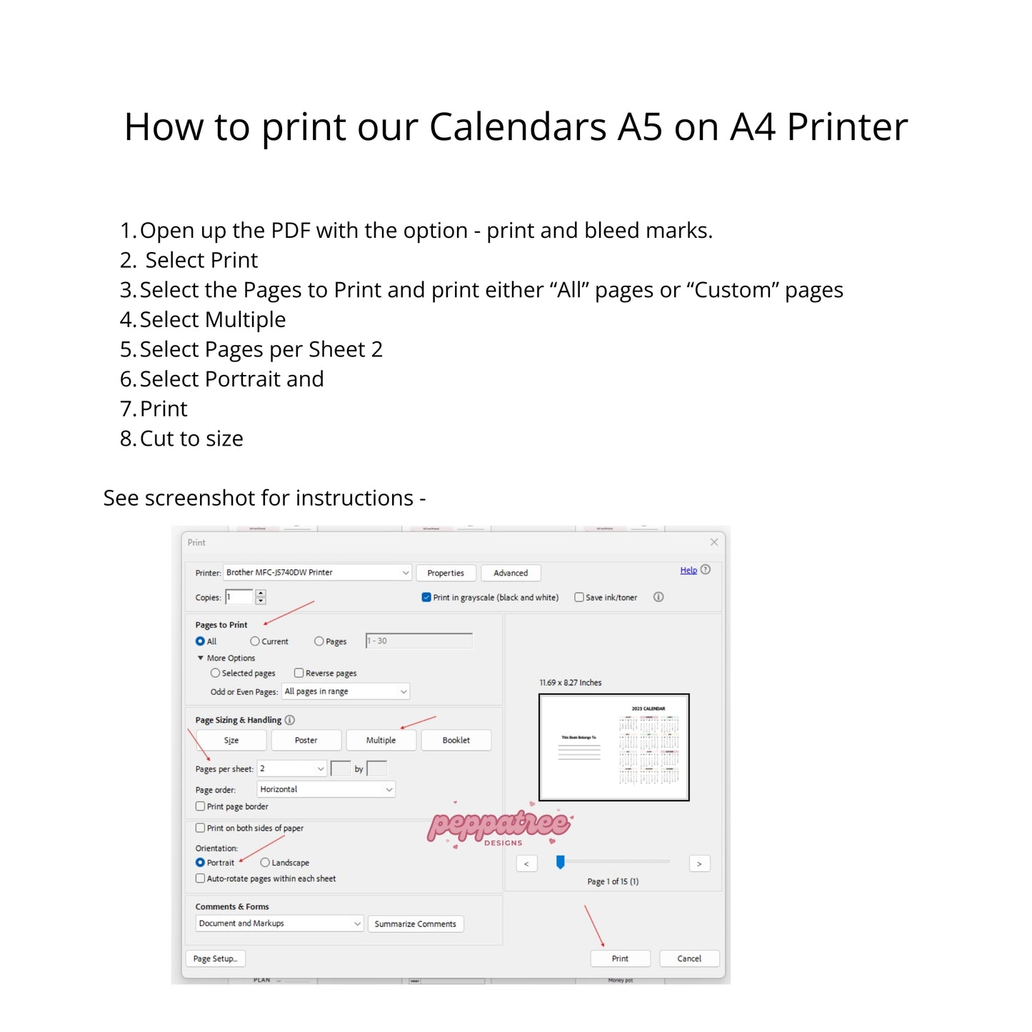 2025 Blue Watercolor Floral Printable A4 Journal Planner - PeppaTree Designs