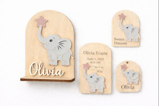 Elephant Nursery Decor | Custom Baby Name Births Stats Plaque - PeppaTree Designs