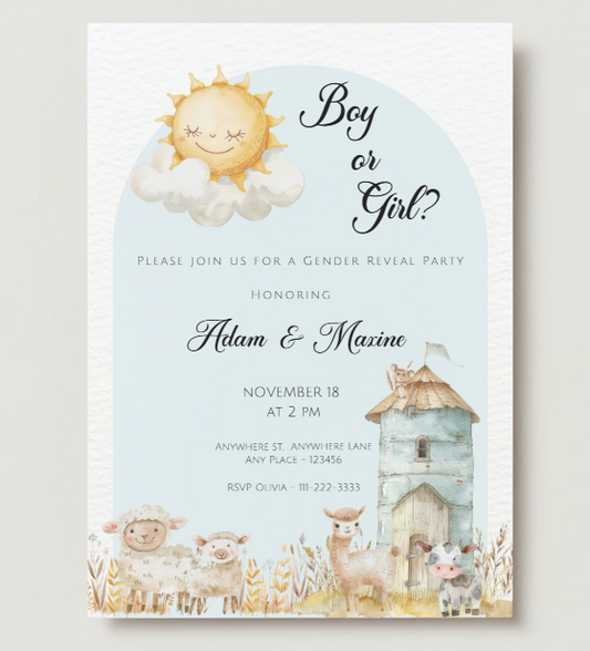 Boho Farm Animal Gender Reveal Invitation - PeppaTree Designs