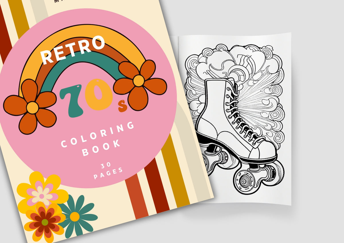 PeppaTree Designs 70's retro style coloring book featuring 30 vintage-inspired designs for creative coloring.