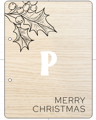Wooden Christmas card with holly design, letter 'P', and 'Merry Christmas' text.