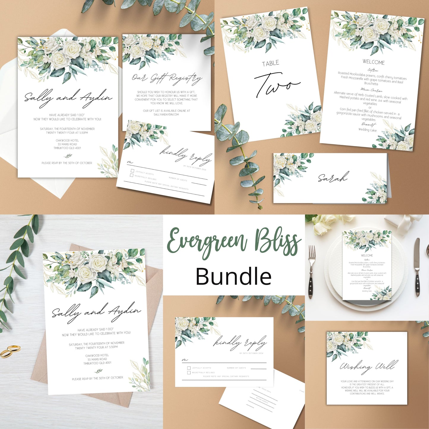 Evergreen Bliss Greenery Wedding Bundle Templates #W001 - PeppaTree Designs