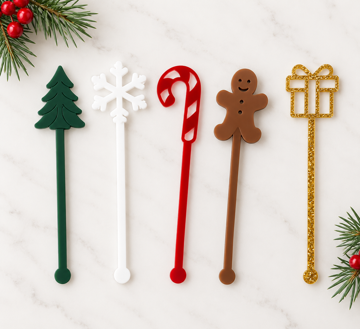 PeppaTree Designs Christmas stir sticks, 5-piece festive cocktail party decor set