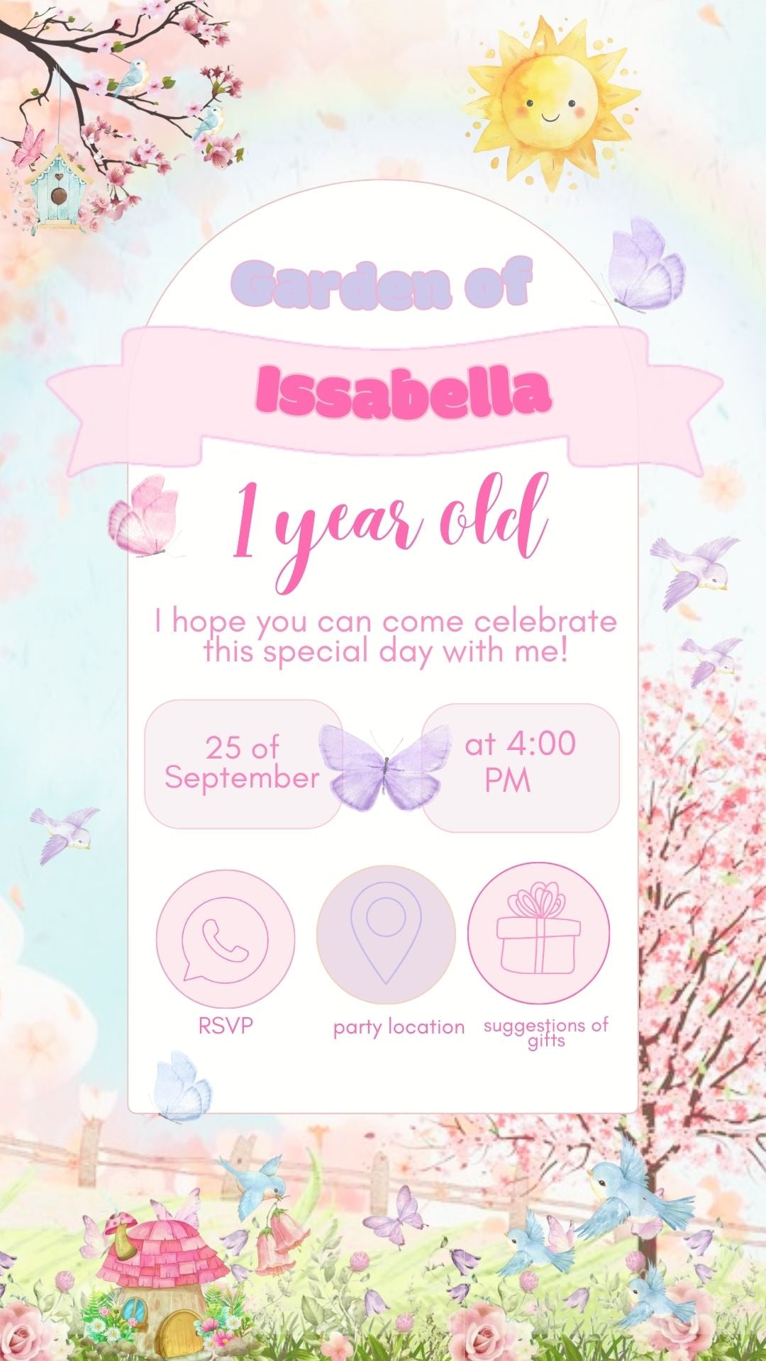 Editable garden-themed birthday party invitation digital file by PeppaTree Designs, featuring colorful floral and garden motifs.