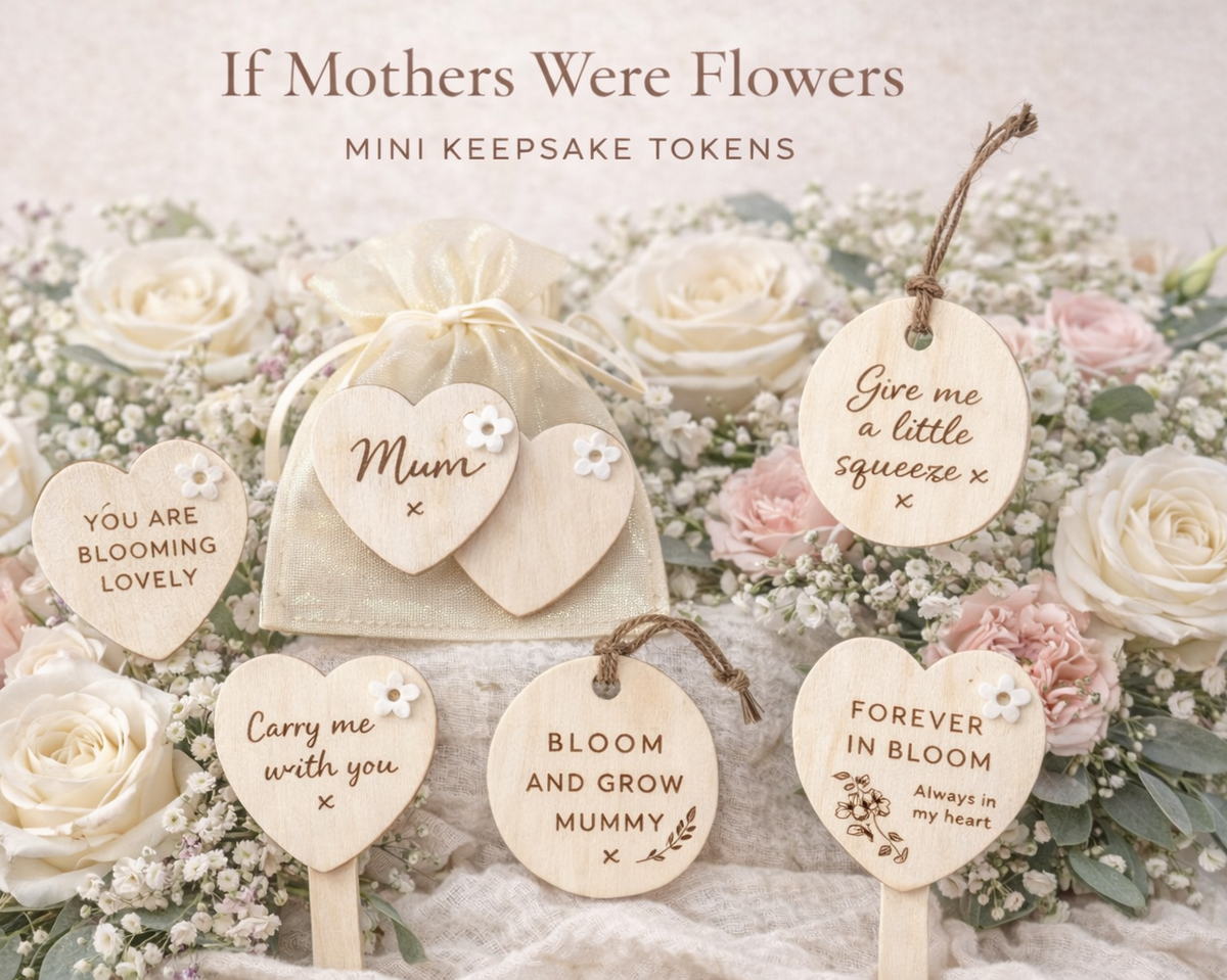 Personalized Mother's Day keepsake with scalloped edges from PeppaTree Designs' If Mothers Were Flowers collection featuring custom name text.