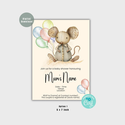 Mouse Watercolour Animal Baby Shower Invitation Template - PeppaTree Designs
