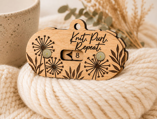 PeppaTree Designs knitting row counter labeled "Knit Purl Repeat" with numbered dials, used for tracking knitting rows.