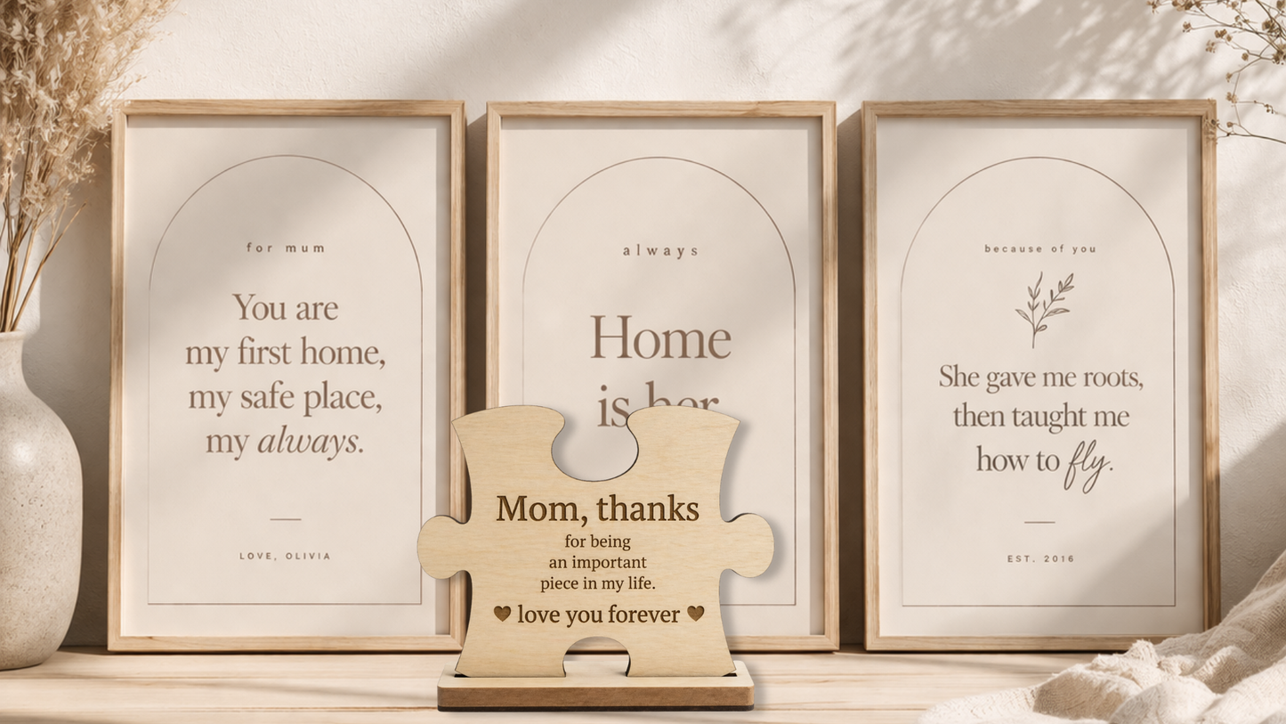 PeppaTree Designs Mom Puzzle Piece wall decor plaque with a heart-shaped puzzle piece design, perfect for home decor.