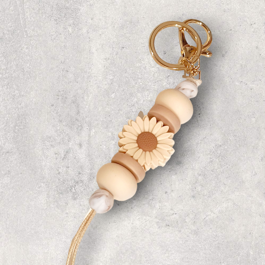 Marble and Cream Daisy Silicone Beaded Keyring | Bag Tag Keyring Lanyard - PeppaTree Design Store