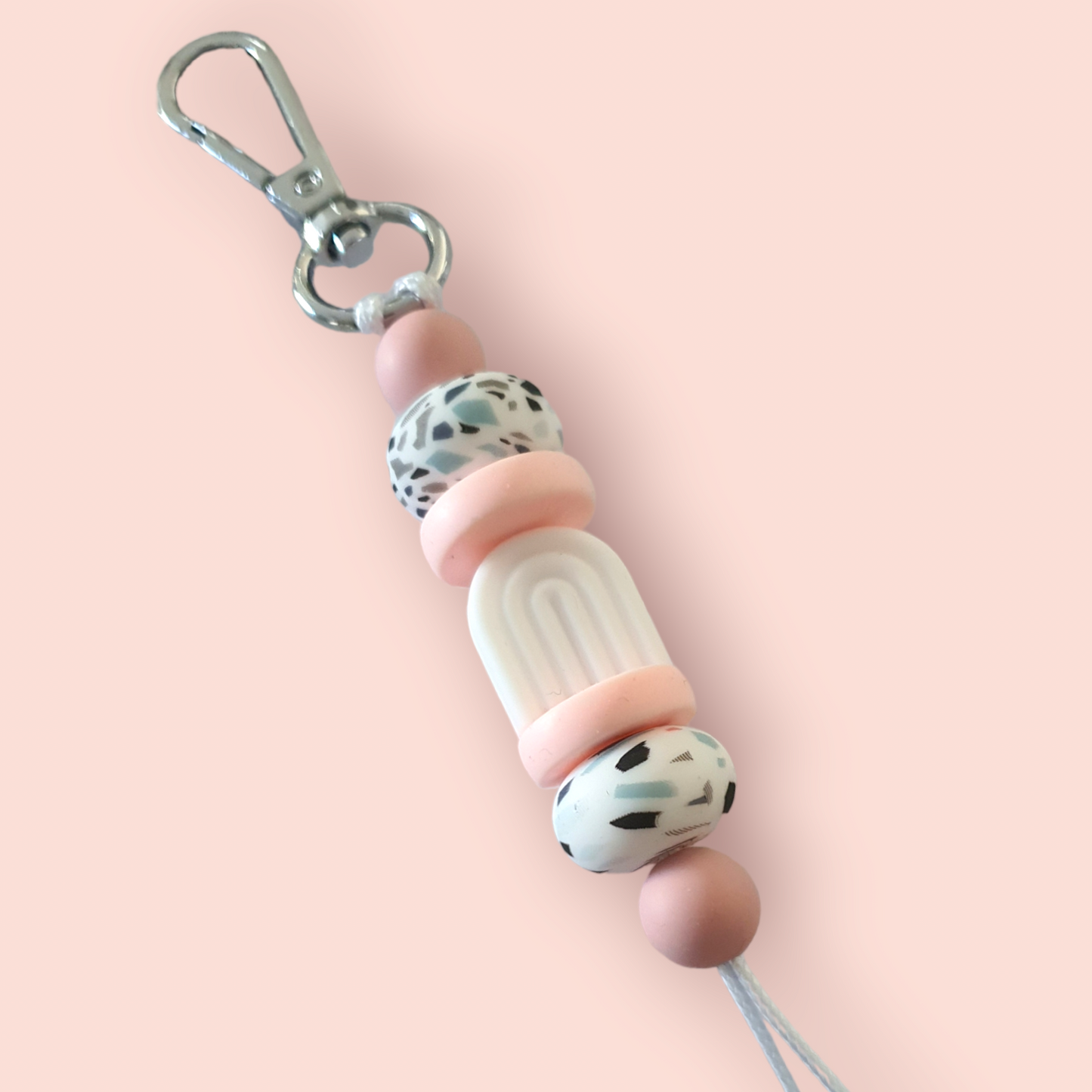 Black, Pink and white rainbow arch keyring with terrazzo coloured beads