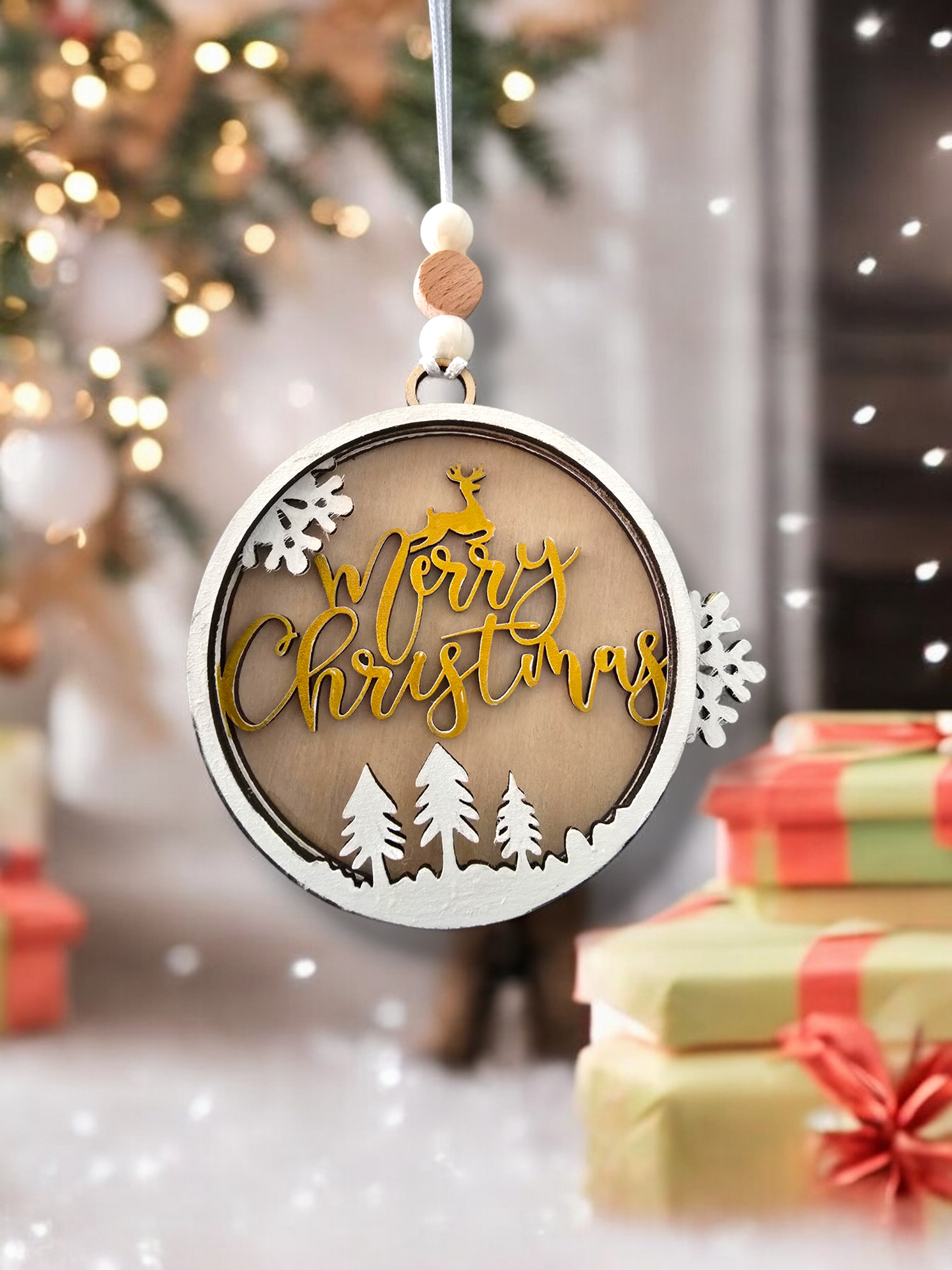 Merry Christmas in gold and white painted 3D Ornament - PeppaTree Designs