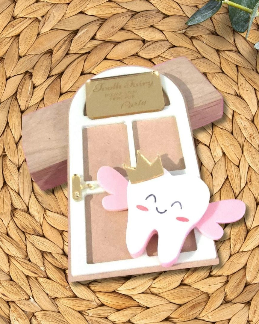 Custom kids' tooth fairy door by PeppaTree Designs, featuring personalized name keepsake decorative door for children's bedroom decor.