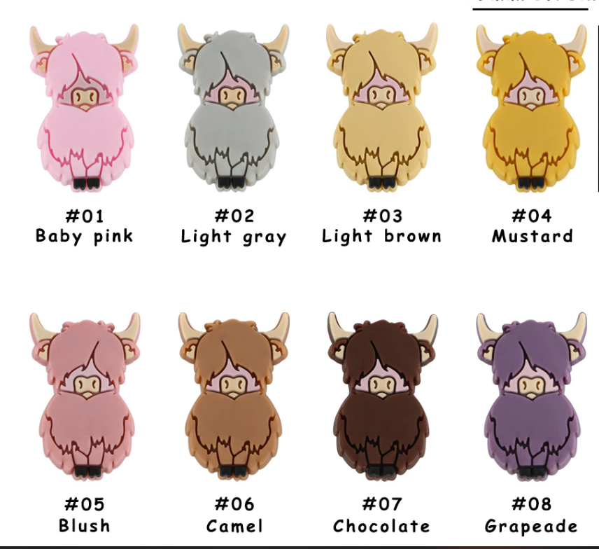 Highland Cow Keyring Silicone Bead - Brown and Brushed Gold Design | Handmade Keyring | 8 Colours - PeppaTree Design Store