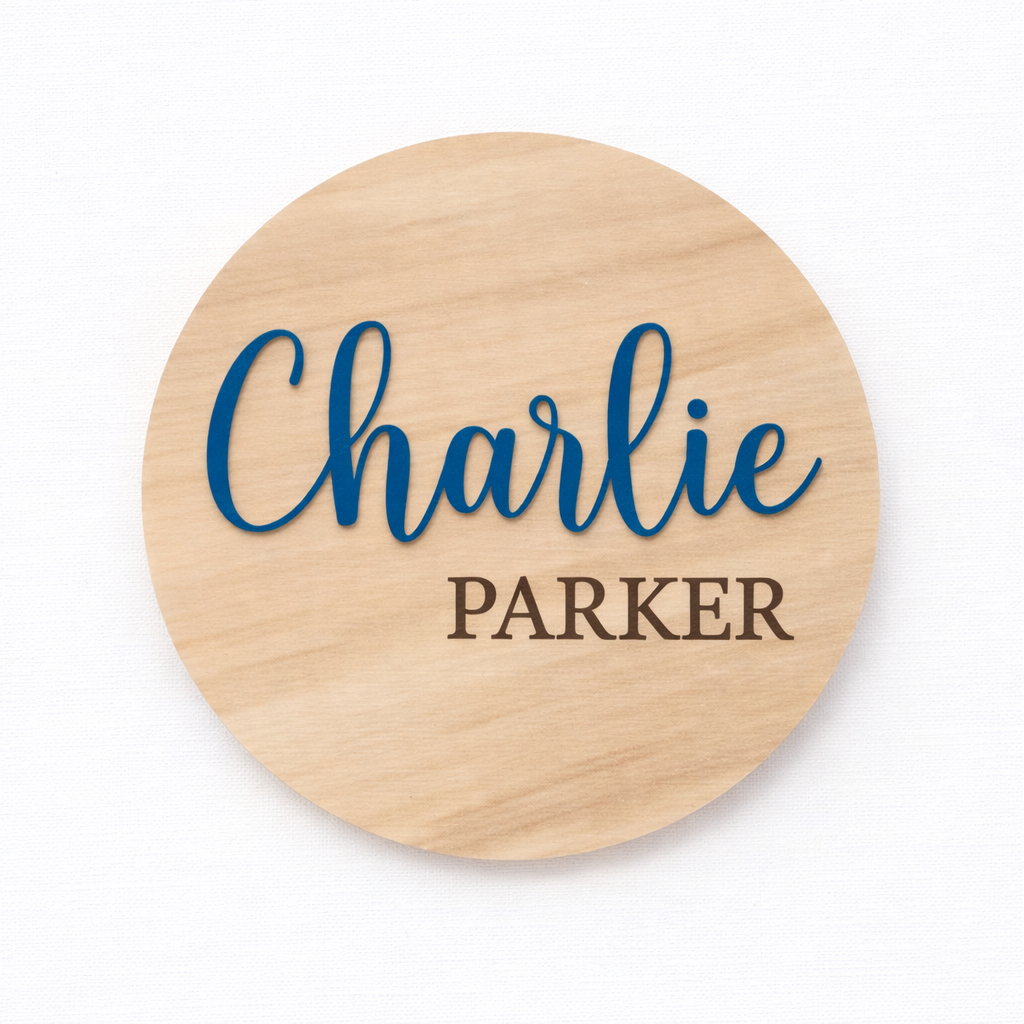 Blue 3D birth announcement disc featuring baby's first and last name, crafted by PeppaTree Designs.