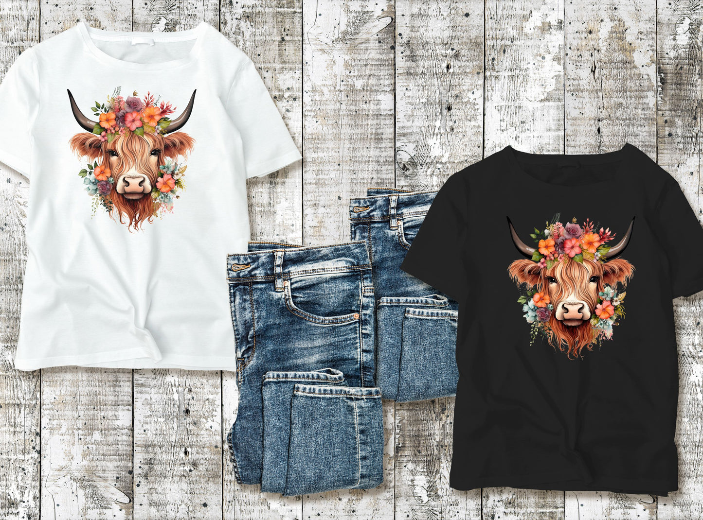 Boho Floral Western Highland Cow DTF Transfer - PeppaTree Designs