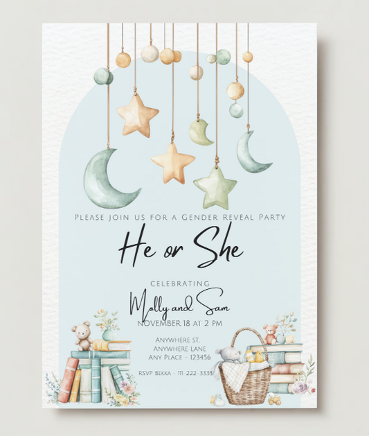 Boho Gender Reveal Invitation - Books and Teddies - PeppaTree Designs