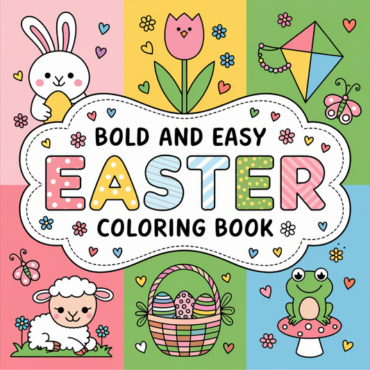 Cover of a coloring book titled 'Bold and Easy Easter Coloring Book' with Easter-themed illustrations.