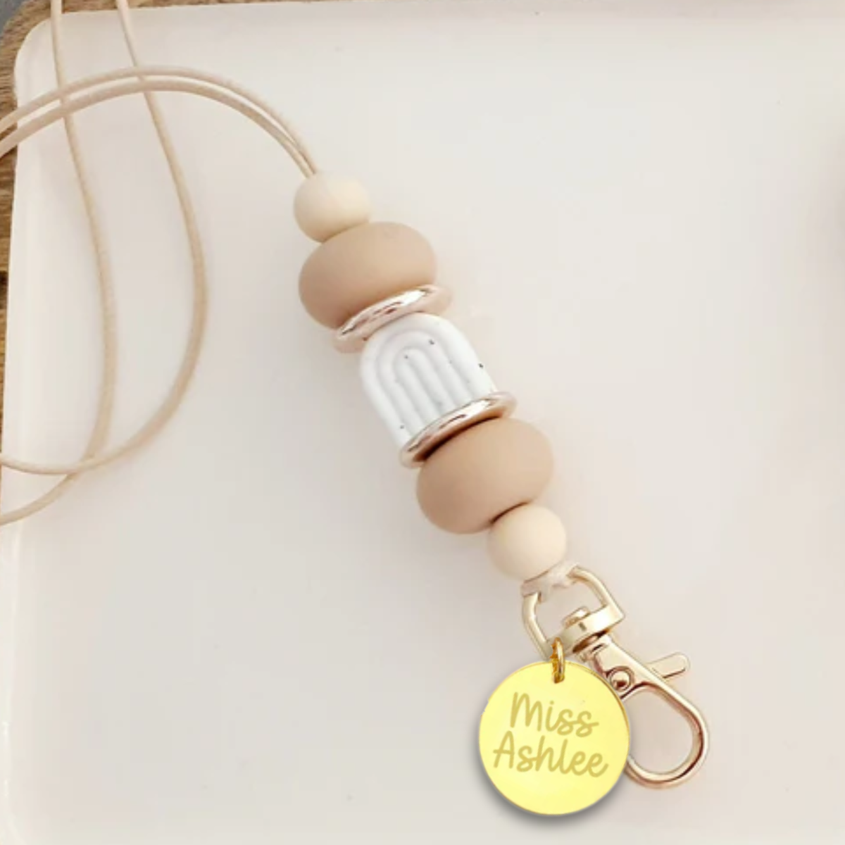 Rainbow Arch Granite White Teacher Lanyard | Nude White Tones - PeppaTree Designs