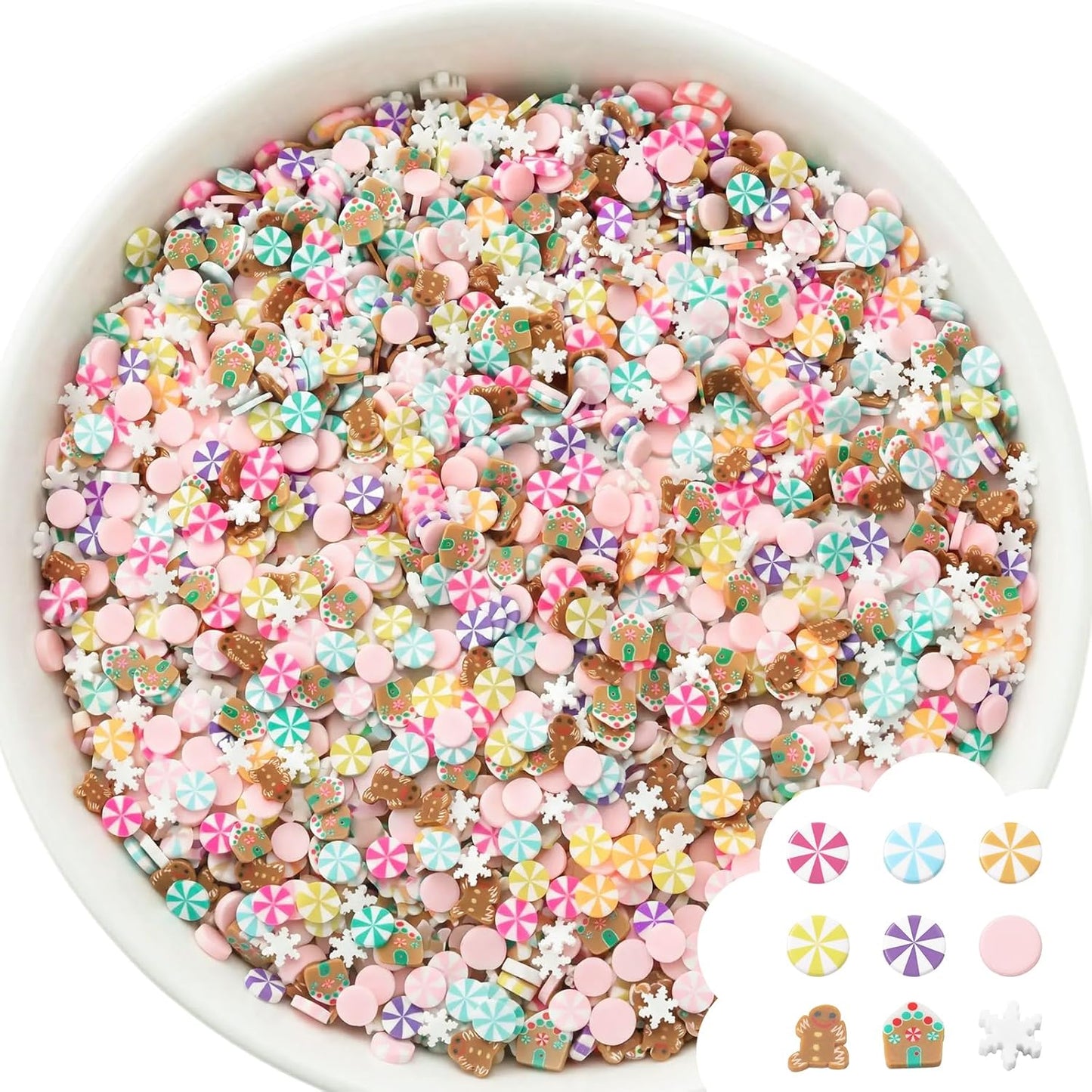 A white bowl filled with colorful miniature candy and sprinkle-shaped embellishments, including pink, blue, yellow, green, purple, and brown pieces, with a small inset showing additional candy designs on a white background.