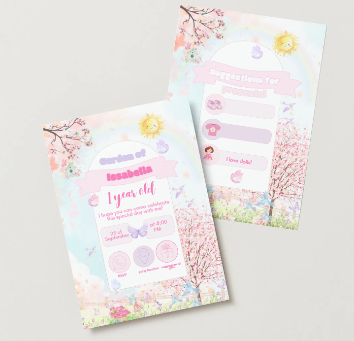 Editable garden-themed birthday party invitation by PeppaTree Designs, 5x7 digital invitation with colorful floral design.