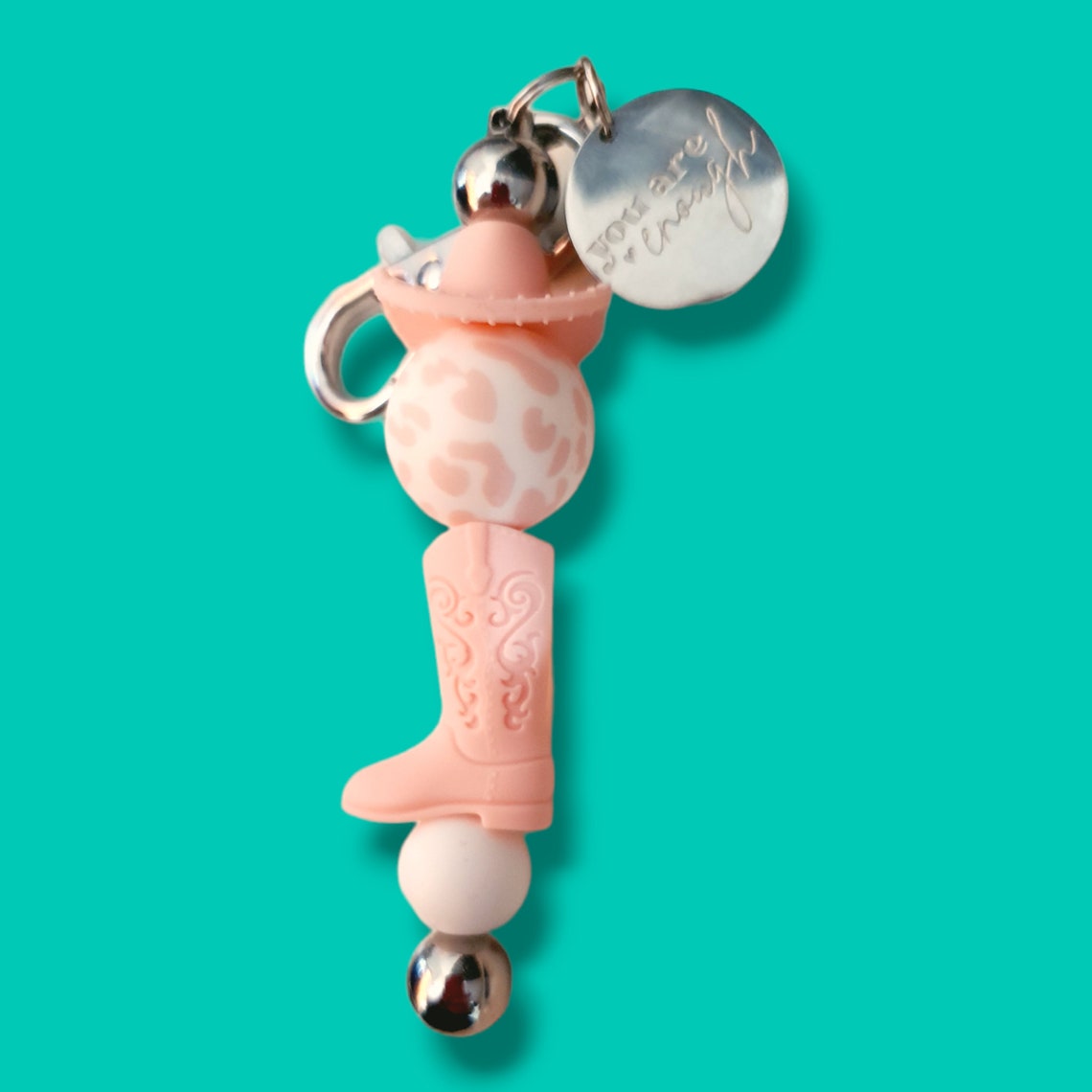 Pink Cowboy Boot and Hat with Charm "You are enough" Beaded Bar Keychain - PeppaTree Design Store