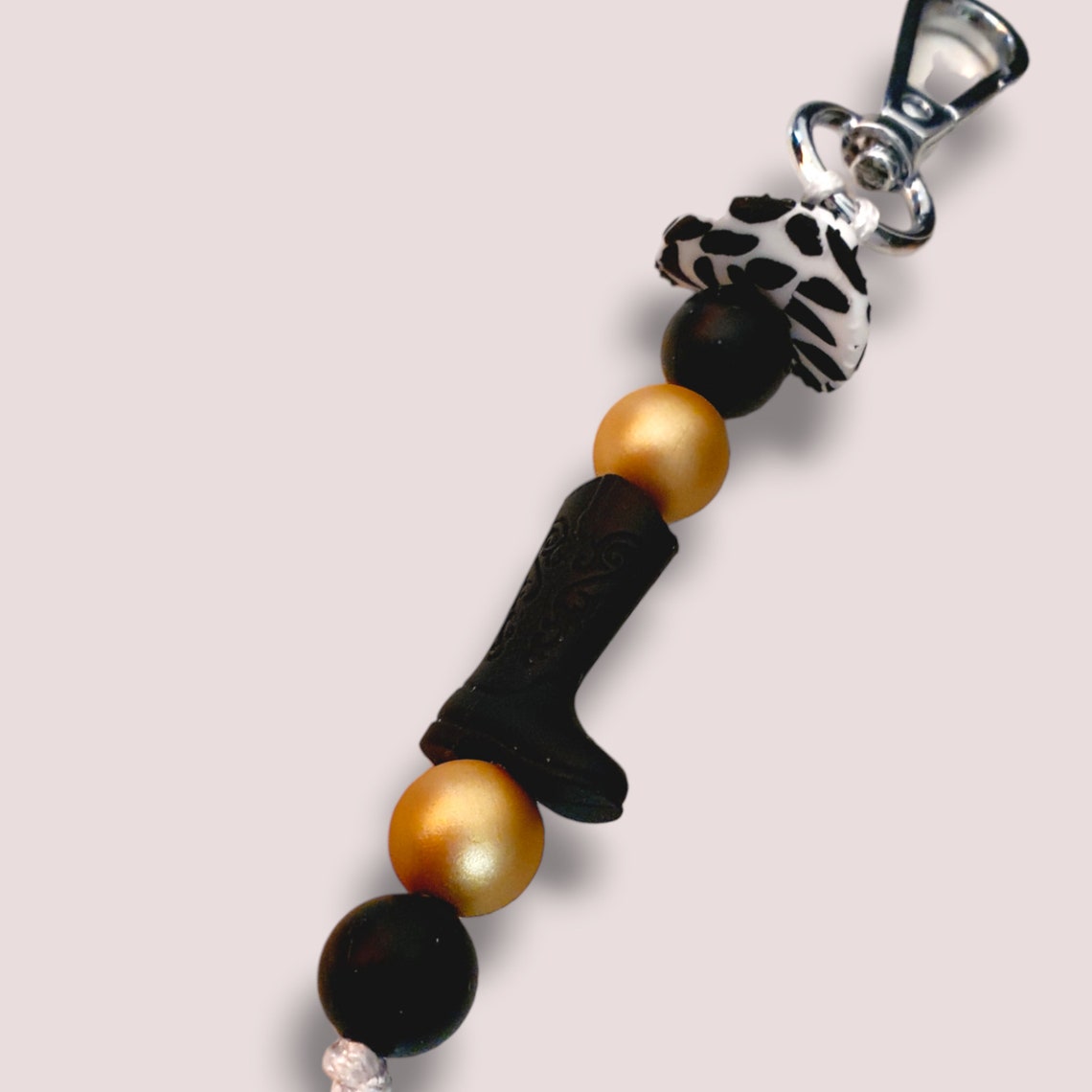 Beaded cowboy boot and hat keychain in black, gold, and white with keyring, by PeppaTree Designs.