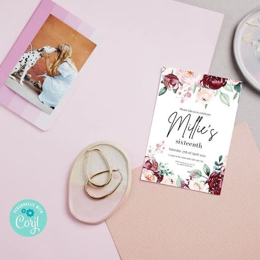 Burgundy Pink Floral DIY Invitations - PeppaTree Designs