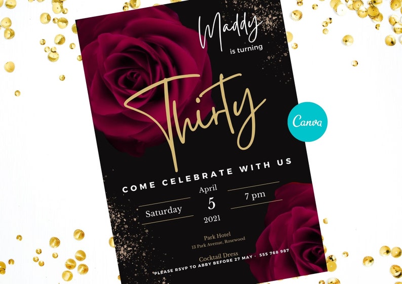 50th 40th Birthday Party Invitation, Red Black Gold Invite ,Age Celebration, Editable Template, Instant Download #11S - PeppaTree Designs