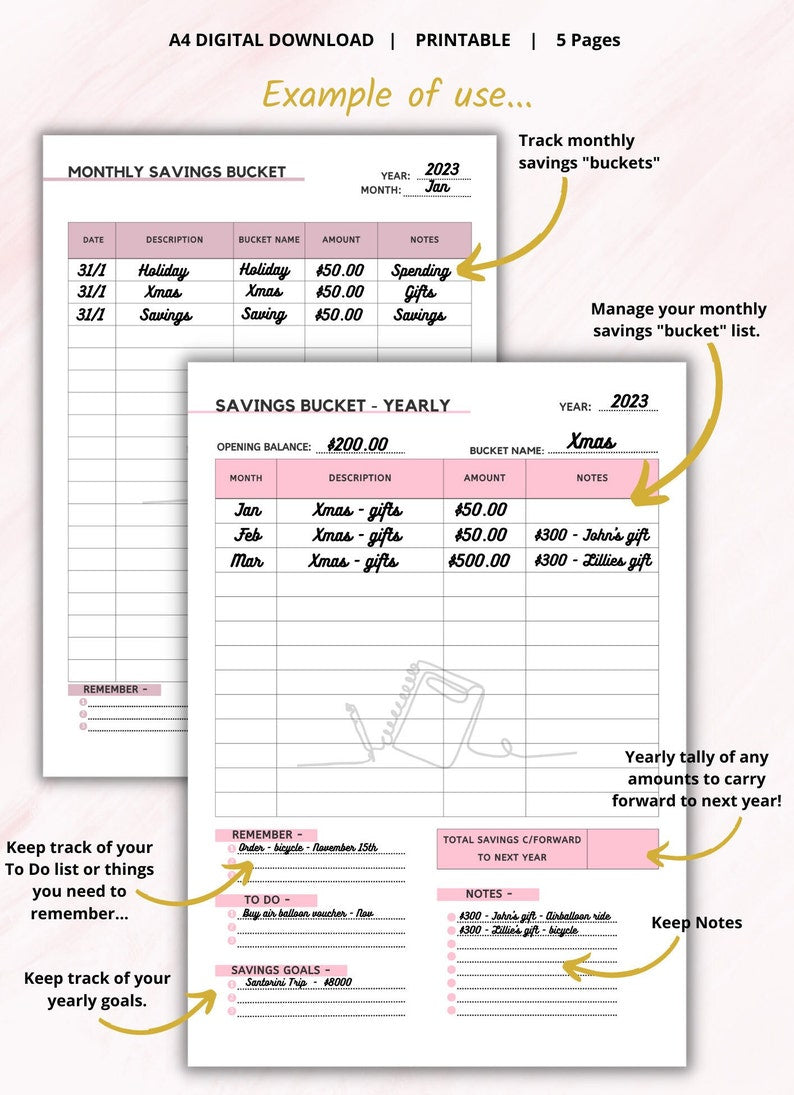 Printable Income Expense & Savings Tracker | Monthly Income Expense Recorder | Savings Bucket List | Spending Tracker | PDF - PeppaTree Designs