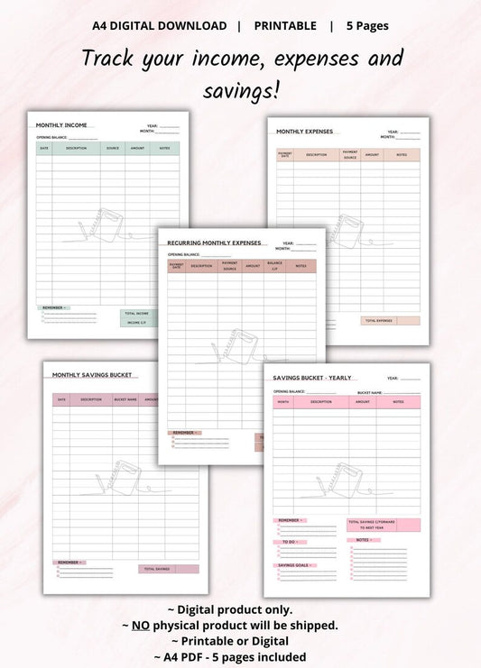 Printable Income Expense & Savings Tracker | Monthly Income Expense Recorder | Savings Bucket List | Spending Tracker | PDF - PeppaTree Designs