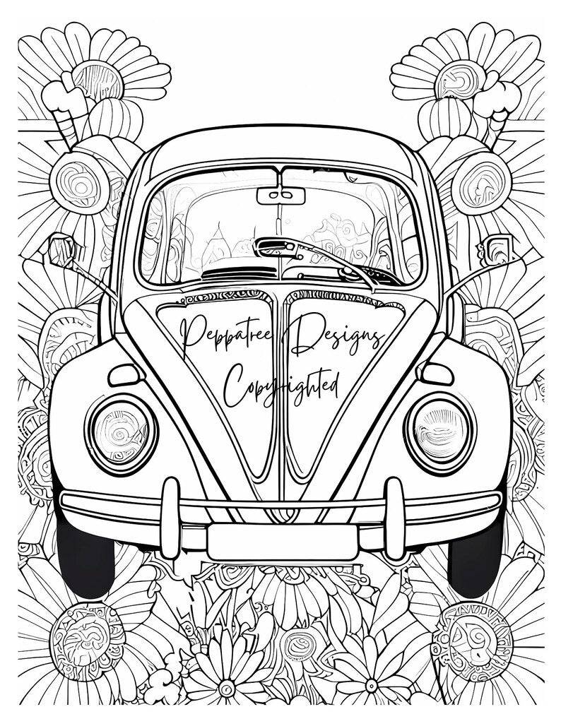 retro 70's coloring book showing a car coloring page - PeppaTree Designs
