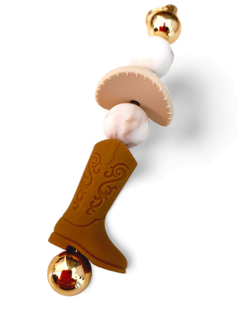 Brown Cowboy Boot and Hat Beaded Bar Keychain | Marble Brown and Gold Keyring - PeppaTree Design Store