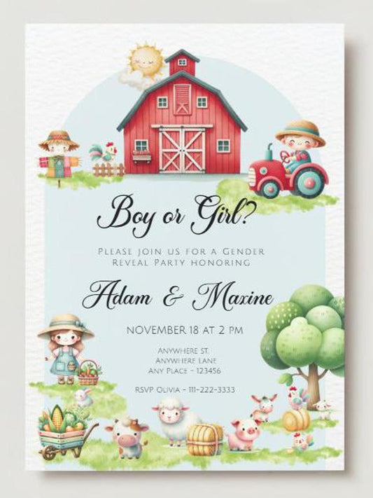 Farm Girl and Boy Themed Gender Reveal Invitation - PeppaTree Designs
