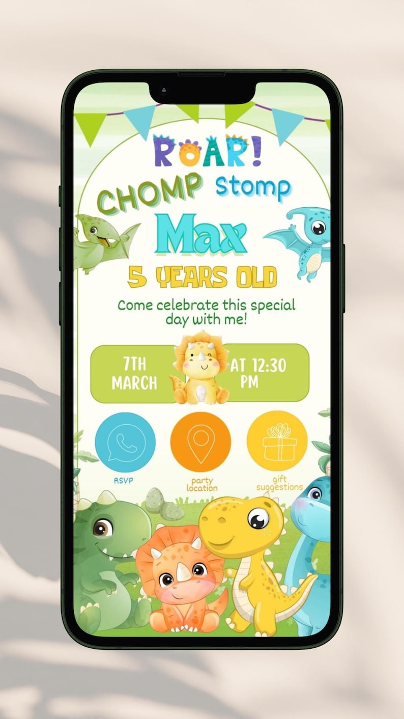 Dinosaur Interactive Electronic Phone Invitation - PeppaTree Designs