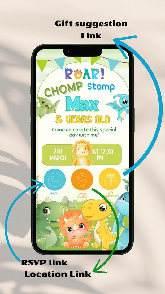 Dinosaur Interactive Electronic Phone Invitation - PeppaTree Designs