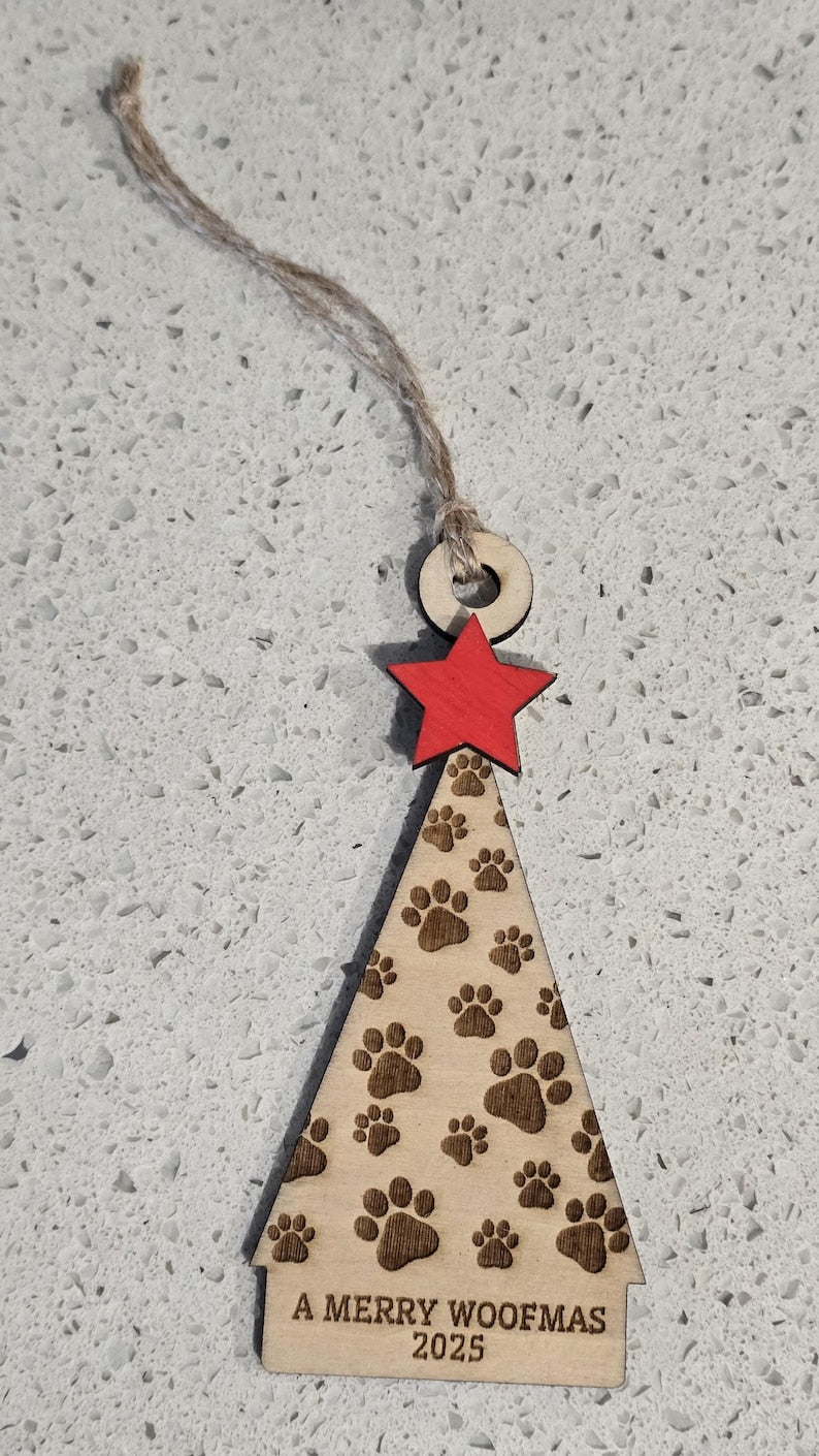 A Merry Woofmas or Moewy Christmast Paw Print Ornament