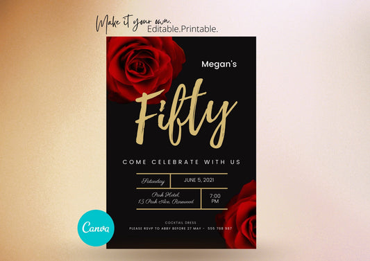 Red Black Gold 50th Birthday Party Invitation, Any Age Celebration #11Q - PeppaTree Designs