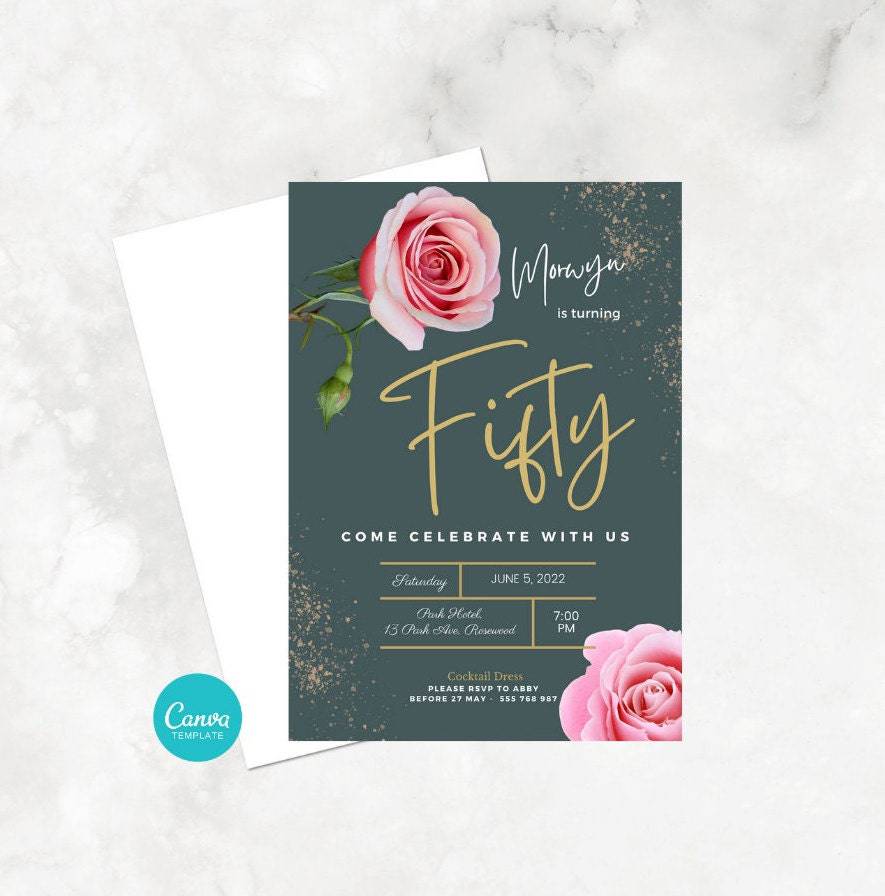 Digital 50th birthday invitation template featuring pink roses, designed by PeppaTree Designs, with elegant floral details.