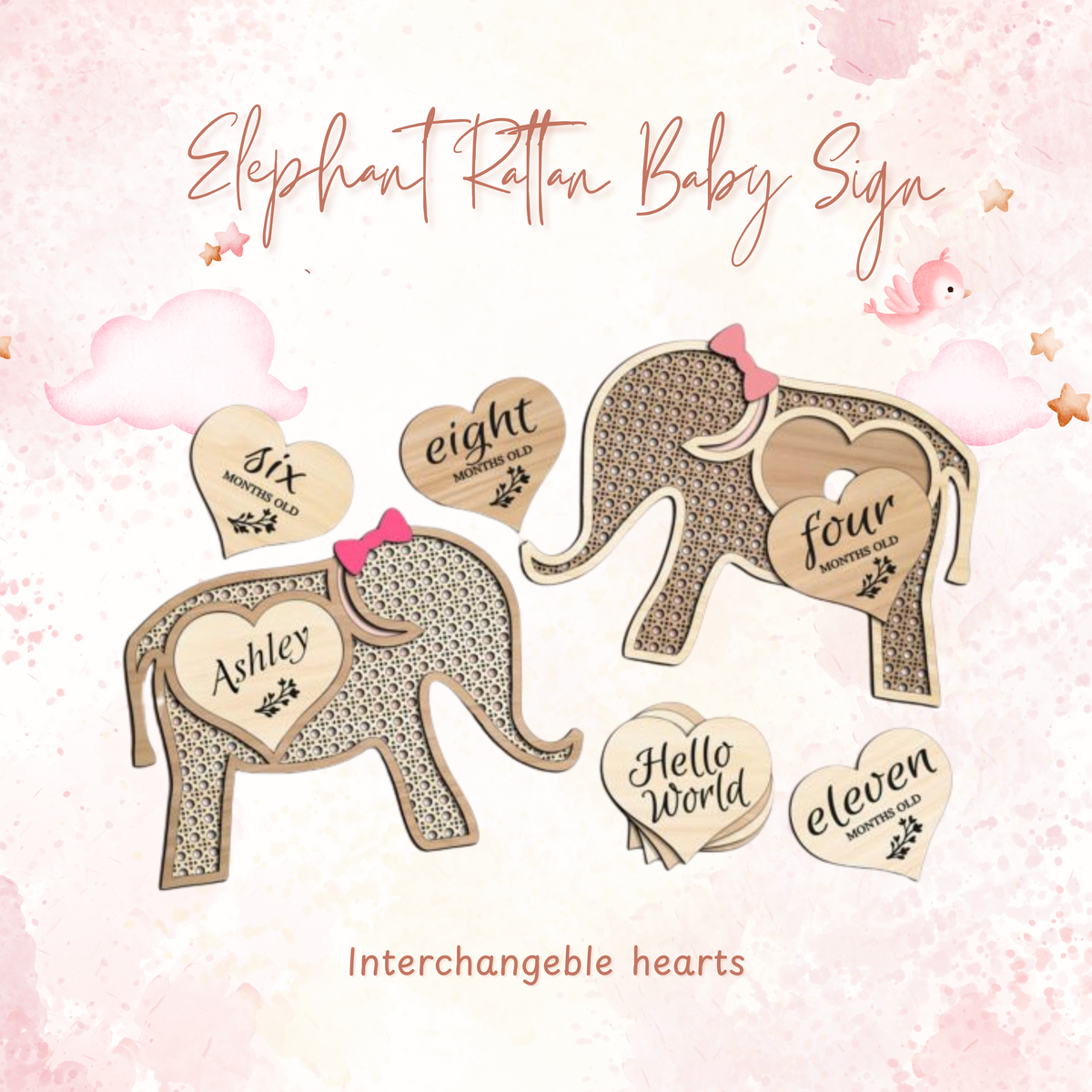 PeppaTree Designs baby milestone sign featuring a rattan elephant design, perfect for capturing newborn photos.