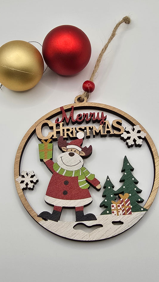 Wooden Christmas ornament with Santa Claus design and 'Merry Christmas' text, surrounded by red and gold baubles on a light gray background.
