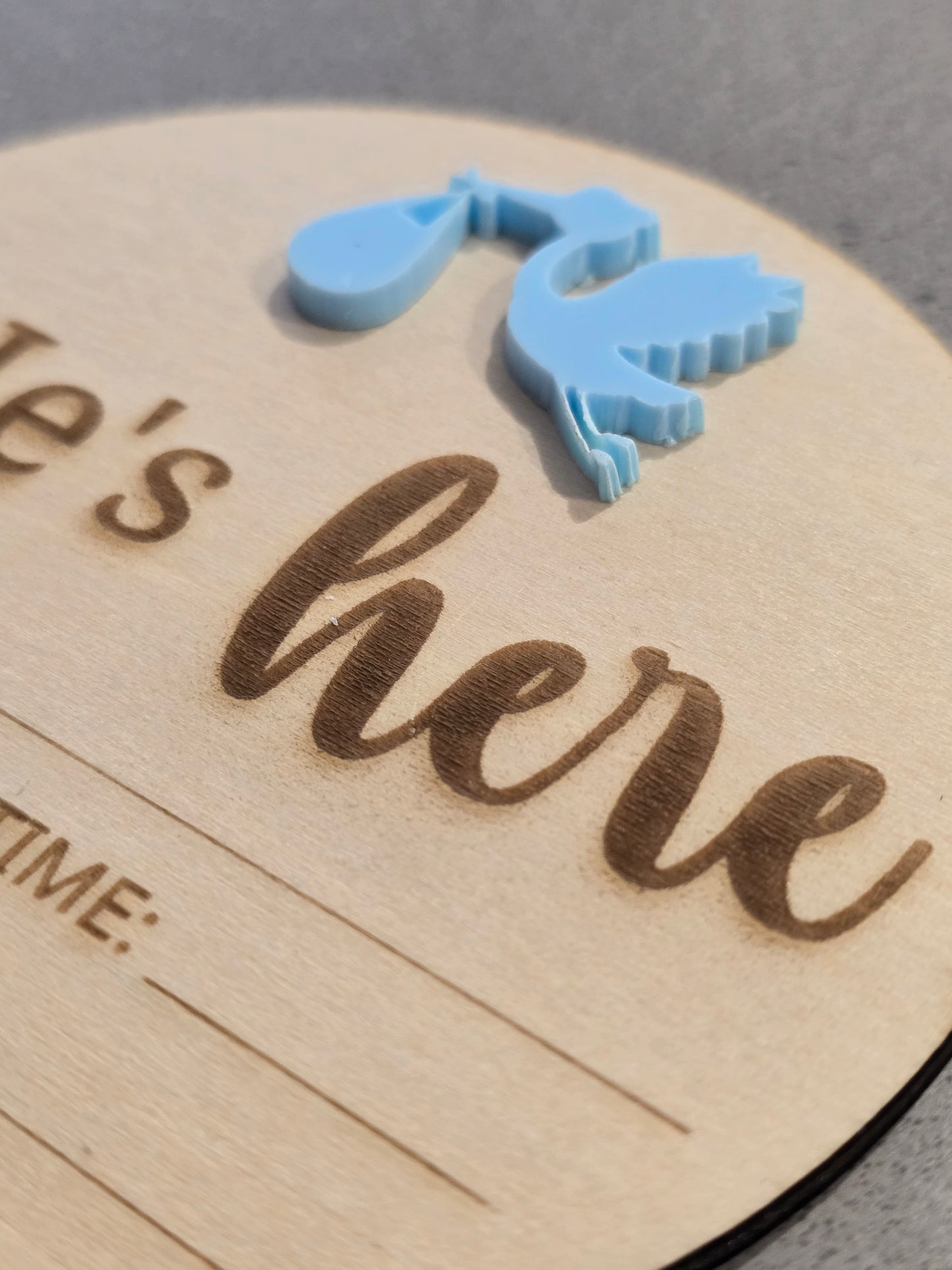 He's here or She's here Stork Baby Announcement Disc